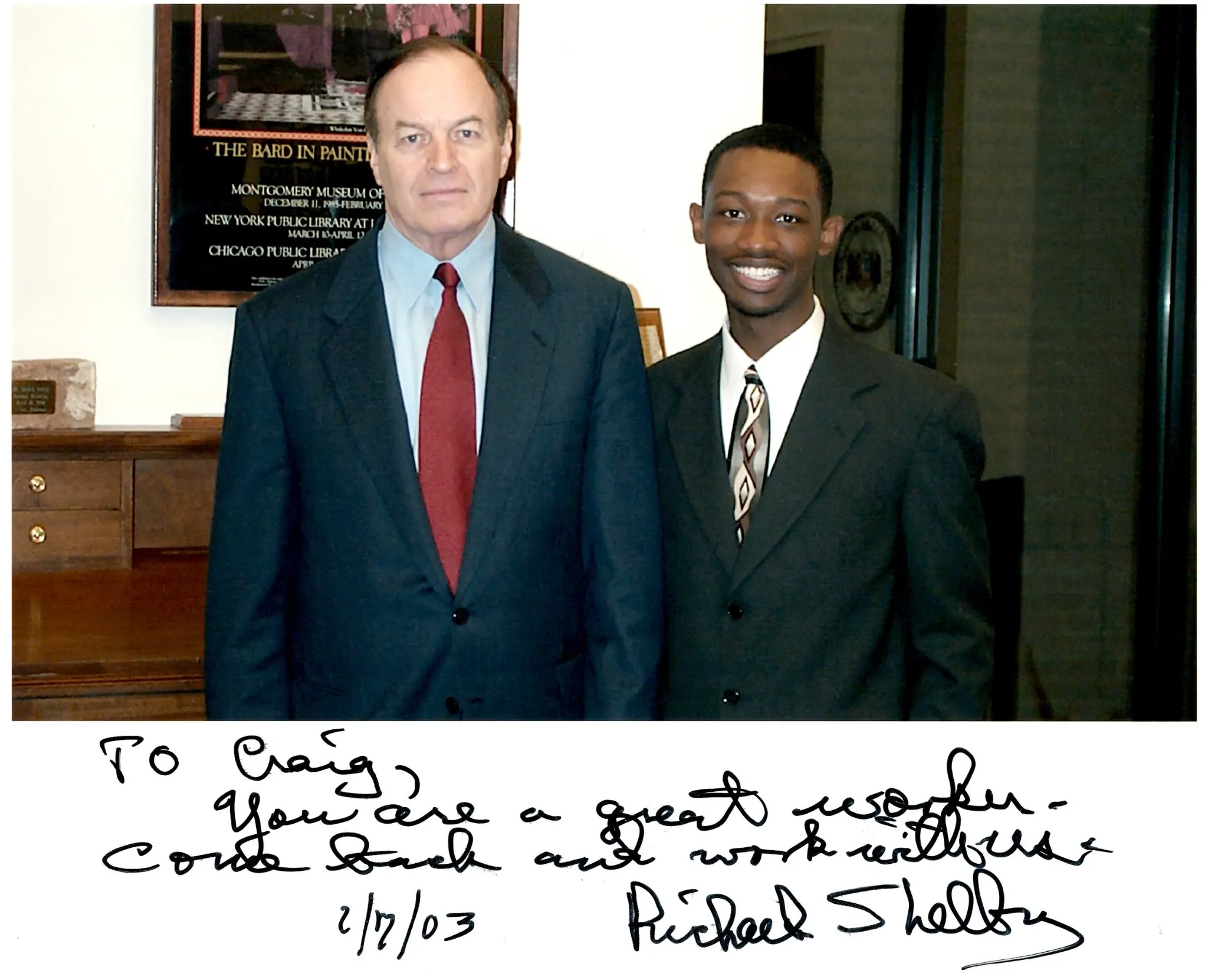 Jelks with Senator Richard Shelby and Shelby's handwritten note